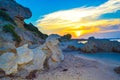 Rocky sandy Chalkidiki beach Greece at sunset