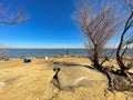 Rocky and sandy shoreline at Lake Lewisville, Texas, USA with unidentified kids playing in the distance