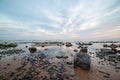 Rocky sea beach with wide angle perspective Royalty Free Stock Photo