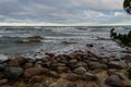 rocky sea beach with wide angle perspective Royalty Free Stock Photo