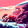 Rocky sea coast in flat style. Landscape with rocks, stones and houses. Vector illustration AI Generated