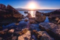 Rocky seacoast at sunrise, Akamas peninsula, Cyprus Royalty Free Stock Photo