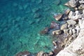 Rocky seashore and blue water