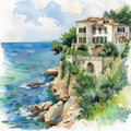 Rocky seashore with villa. Watercolor isolated illustration on white background. Picture for design.