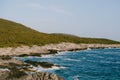 Rocky seaside near Veslo camping in Montenegro. Azure blue water, white waves hitting the rocks, sunny summer day