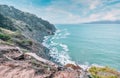 Rocky shore along the ocean coast in San Francisco, beautiful Californian nature landscape Royalty Free Stock Photo