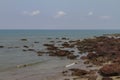 Rocky shore with blue sky, white clouds and mist on the ocean