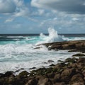 Rocky shore braves crashing waves, a testament to natures power