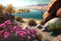 rocky shore of desert oasis with blooming flowers and distant view to lake in the desert Royalty Free Stock Photo