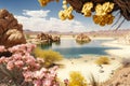 rocky shore of desert oasis with blooming flowers and distant view to lake in the desert Royalty Free Stock Photo