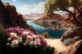 rocky shore of desert oasis with blooming flowers and distant view to lake in the desert Royalty Free Stock Photo