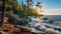 Captivating Backlit Sea Waves On Rocky Shore With Trees - A Romanticized Wilderness Royalty Free Stock Photo