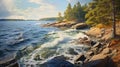 Hyperrealistic Painting Of Water Crashing On Rocks In A Forest