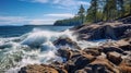 Spectacular Cabincore Scenes: Vibrant Water Crashing On Rocky Beach