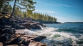 Serene Maritime Scenes: Waves Breaking At The Shore Surrounded By Trees