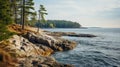 Serene Maritime Themes: Nikon D850 Captures Rocky Shoreline And Trees Royalty Free Stock Photo