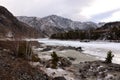 Rocky shore of an ice-bound river surrounded by snow-capped mountains