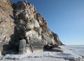 Rocky shore of lake Baikal in winter Royalty Free Stock Photo