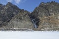 Rocky shore of Lake Baikal in winter Royalty Free Stock Photo