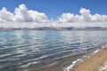 Rocky shore of lake Tere Tashi Namtso in summer in clear weather