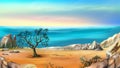 Rocky Shore with Lonely Tree Against Blue Sky at Dawn Royalty Free Stock Photo