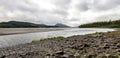 A rocky shore of the River Pattack entering to the Loch Laggan in Scottish Highlands, Cairngorms National park, Scotland