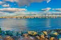 Coronado Bay Bridge in San Diego with boats and glowing water Royalty Free Stock Photo