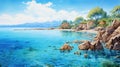 Vibrant Manga Beach Scenery: Gulf Of Indonesia Watercolor Illustration