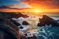 Rocky shore on west coast of pacific ocean. Bay. Sunset Sky. Nature Panorama Royalty Free Stock Photo