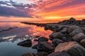 Rocky Shoreline Sunset Reflection - generated by ai Royalty Free Stock Photo