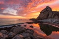 Rocky Shoreline Sunset Reflection - generated by ai Royalty Free Stock Photo