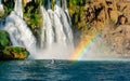 View of the Duden waterfall from the sea. Waterfall and rainbow near it. Royalty Free Stock Photo