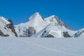 Lyskamm summits on Monterosa traverse knife edge snow ridge glacier walk and climb in the Alps Royalty Free Stock Photo