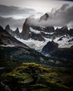 Rocky snowy mountain peaks with amazing view. Fitz Roy in Argentina