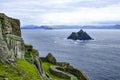 Rocky steep Little Skellig Island in the Atlantic Ocean, off of Ireland, as seen from Skellig Michael Island, larger of the two.