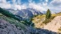 Rocky summer scene of National Park Tre Cime di Lavaredo with Cadini di Misurina range on background. Splendid morning view of Dol