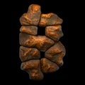 Rocky symbol bitcoin. Font of stone on black background. 3d