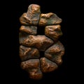 Rocky symbol bitcoin. Font of stone on black background. 3d