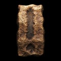 Rocky symbol exclamation mark. Font of stone isolated on black background. 3d