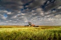 A swather sits on a partially harvested wheat field in the early morning on