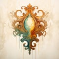 Rococo Digital Watercolor: Ornate Design With Color And Drips