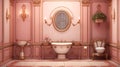 Rococo-inspired restroom with trendy Peach color walls, gilded accents, and a decorative mirror. Ideal for luxury