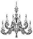 Rococo rich chandelier Vector illustration. Detailed ornaments decor