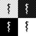 Rod of asclepius snake coiled up silhouette on black, white and transparent background. Medicine and health care concept