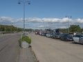 Rodbyhavn, Denmark, Agust 21, 2021: Queue of cars waiting to boad on Scandlines Hybrid Ferry boat on sea route Rodby - Royalty Free Stock Photo