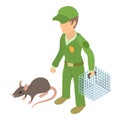 Rodent control icon isometric vector. Sanitary worker with cage catches grey rat