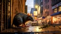 rodents in the city, a rat is looking for food on a dirty street