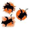Rodeo bull set symbols vector illustration isolated on white. Cowboy riding a wild bull in flat style illustration