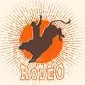 Rodeo bull vector label. Cowboy riding a wild bull in symbol flat style illustration and rodeo text