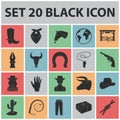 Rodeo, competition black icons in set collection for design. Cowboy and equipment vector symbol stock web illustration. Royalty Free Stock Photo